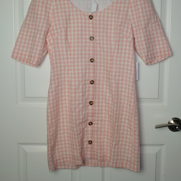 NWT LPA Pink White Gingham Puff Sleeve 1/2 Sleeve Mini Dress Button Front Sz LG - Picture 3 of 9